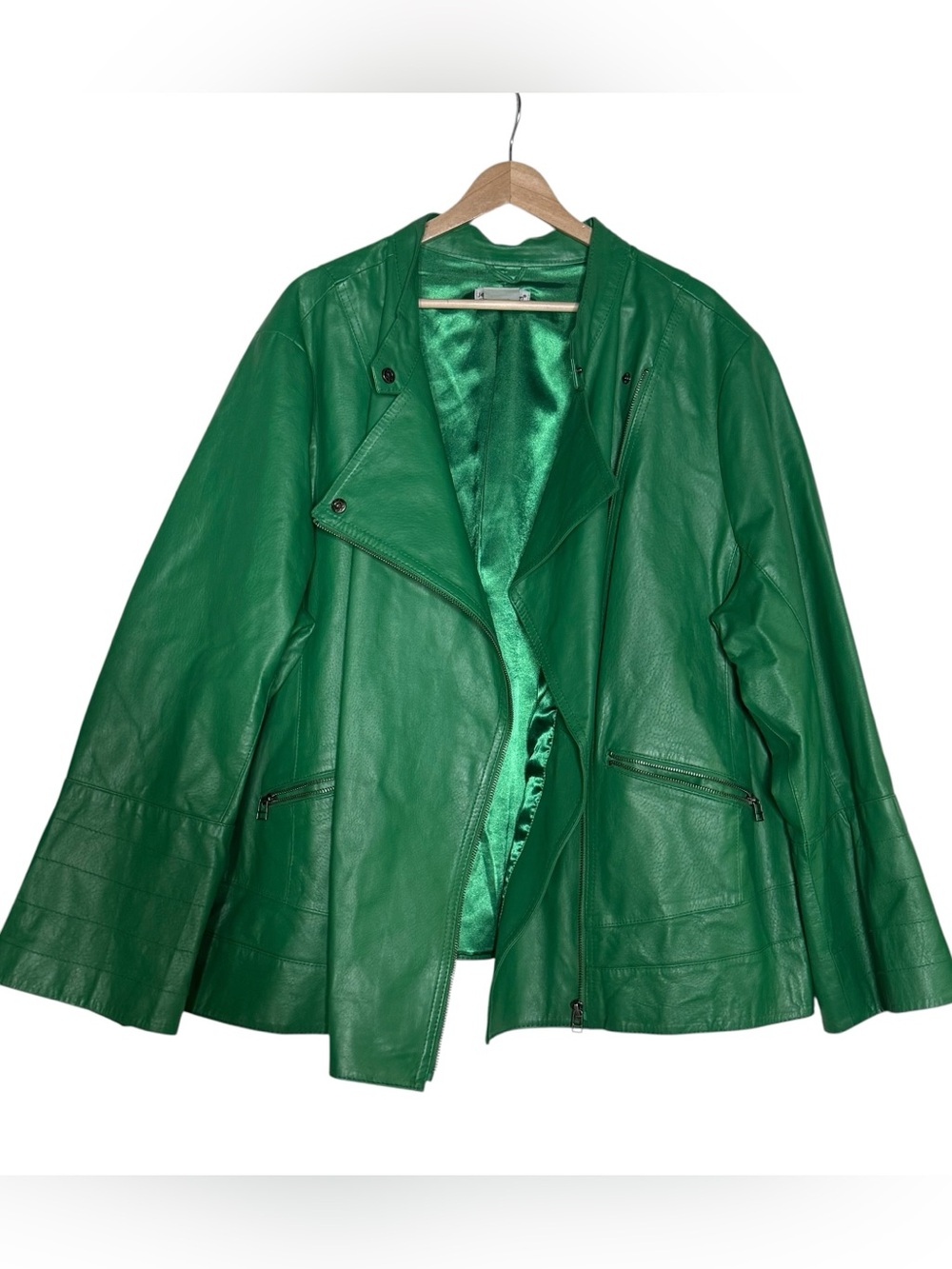 Jessica London Genuine 100% Leather Emerald Green Moto Jacket Size 26 Boxy Retro